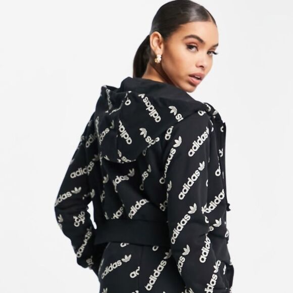 Adidas Originals 'Logomania' repeat logo zip hoodie in black size M - Picture 2 of 8